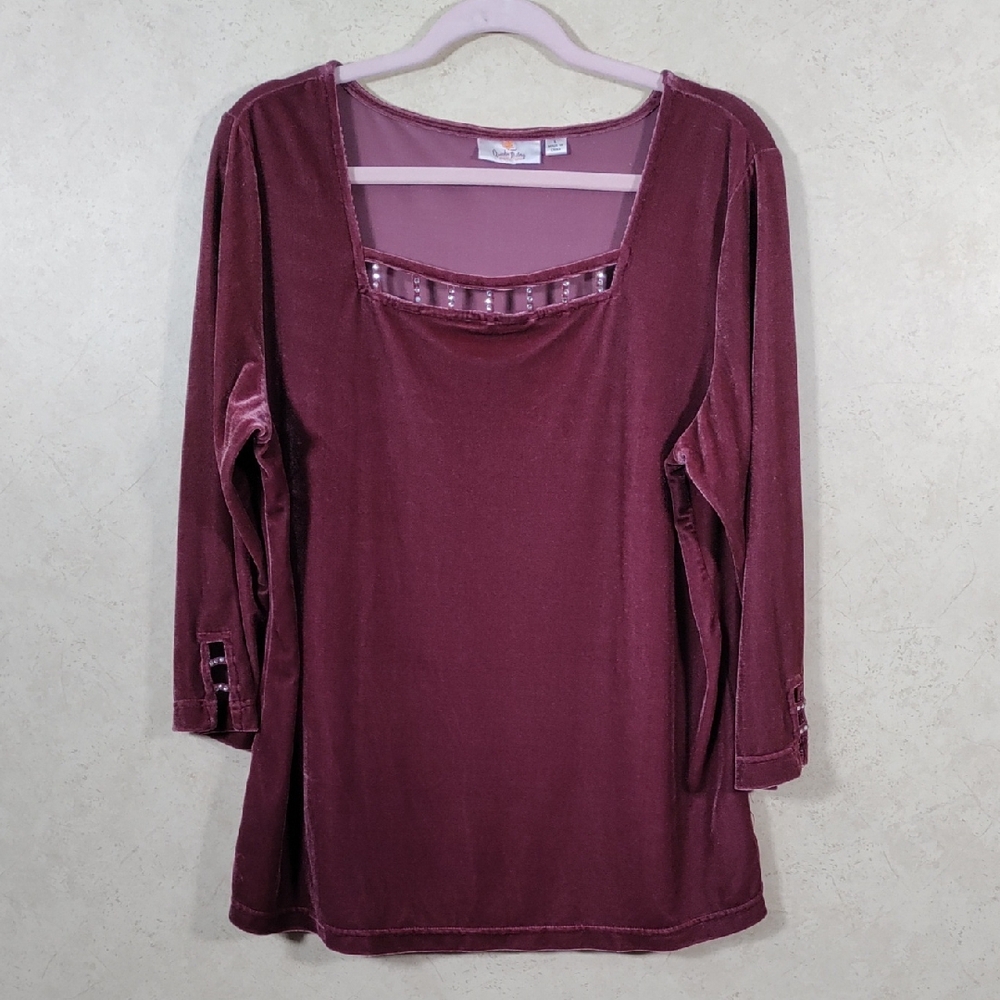 4128 Quacker Factory mauve velvet tunic w/neck & sleeve detail L